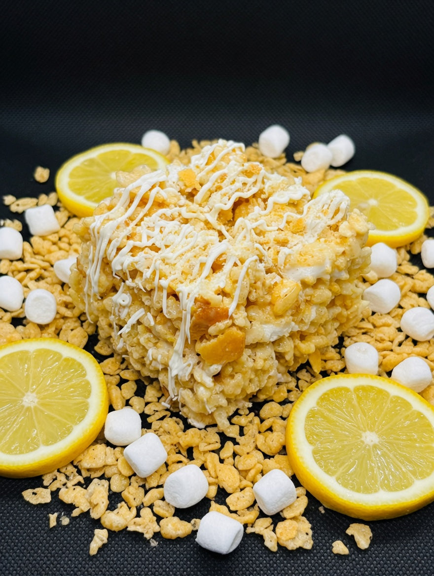 The Lemon Bar – lemon rice crispy treat with white chocolate drizzle and mini marshmallows